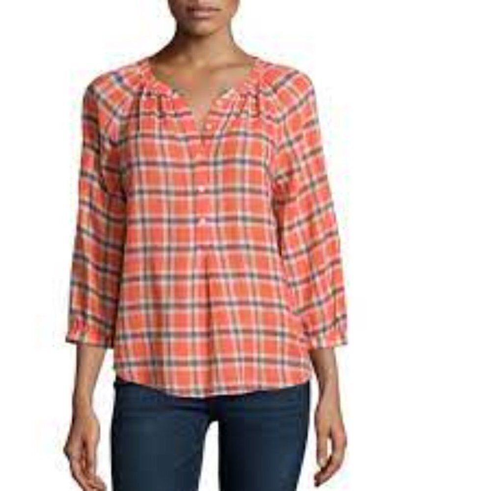 Joie Selma Blouse Women's size XS Orange & White Plaid Peasant 3/4 Sleeve